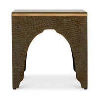 Croco Embossed Leather Stool, shown in olive brown and taupe with embossed leather and wood.