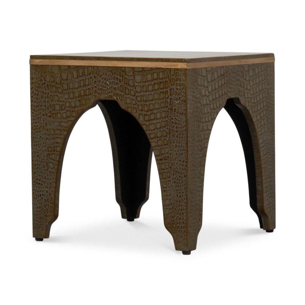 Additional view of Croco Embossed Leather Stool in olive brown and taupe.