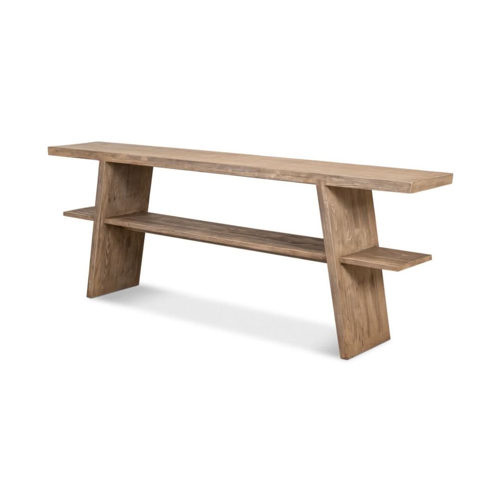 Additional view of Bodega Vineyards Console Table, featuring lightly weathered finish, wood, and integrated open lower shelf.