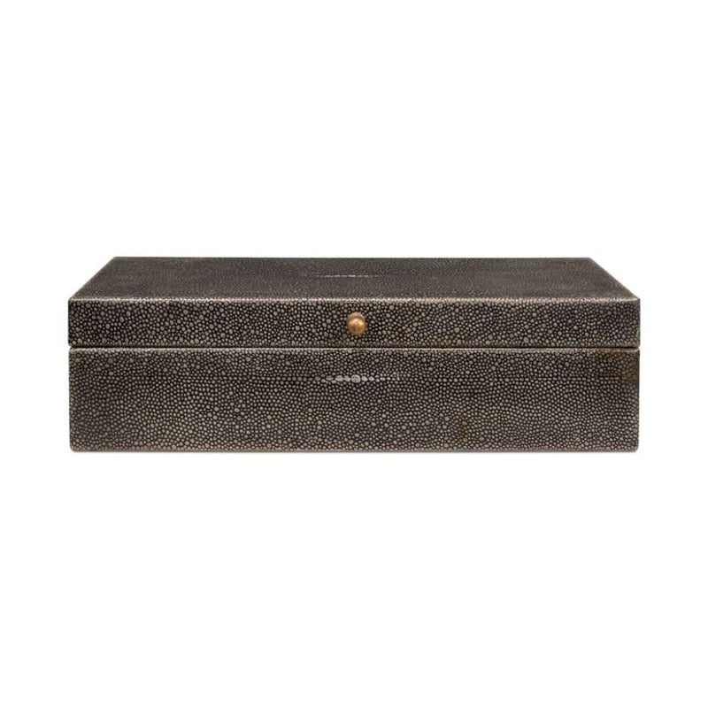 Gastsburg Shagreen Box S/2, shown in charcoal gray and black with shagreen, brass, and hinged lid.