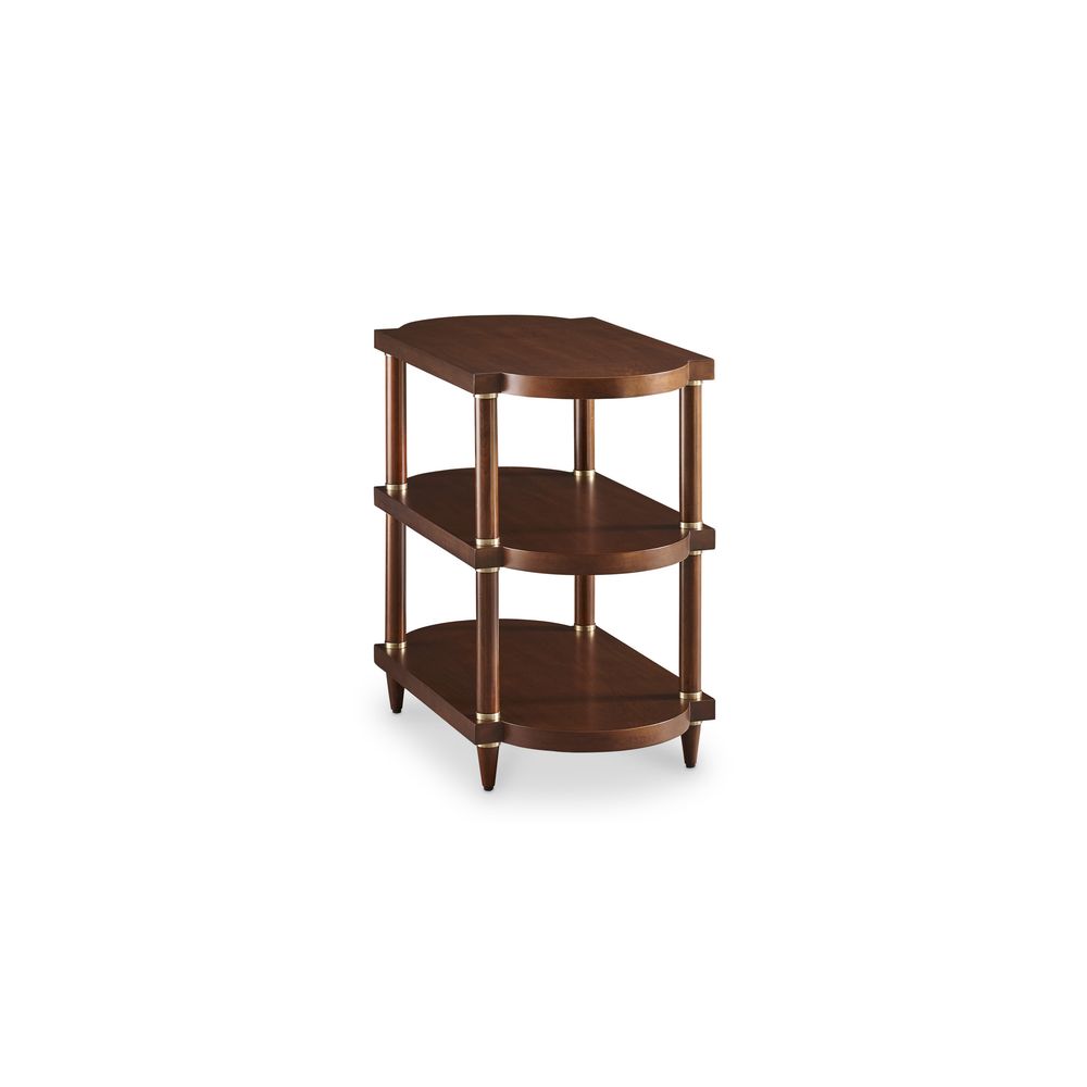 Lainey Side Table, shown in dark walnut brown and rich mahogany with wood, brass, and three open fixed shelves.