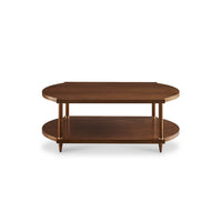Lainey Cocktail Table, shown in warm medium brown and walnut brown with wood, brass, and open lower display shelf.