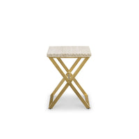 Alternate view of Tatum Accent Table, featuring natural stone finish, travertine, metal, and a open x-stretcher base.