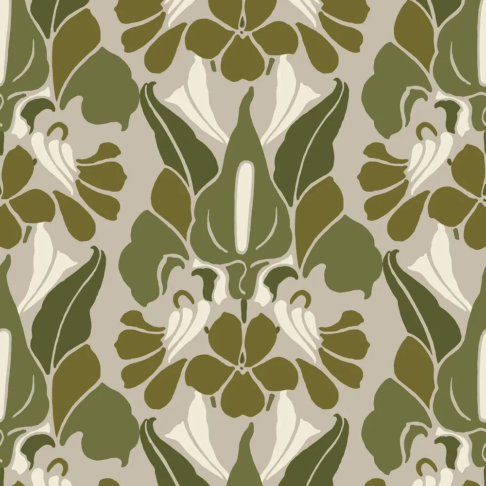 Dragon Flower Wallpaper, shown in olive green and sage green with paper and printed wallcovering.