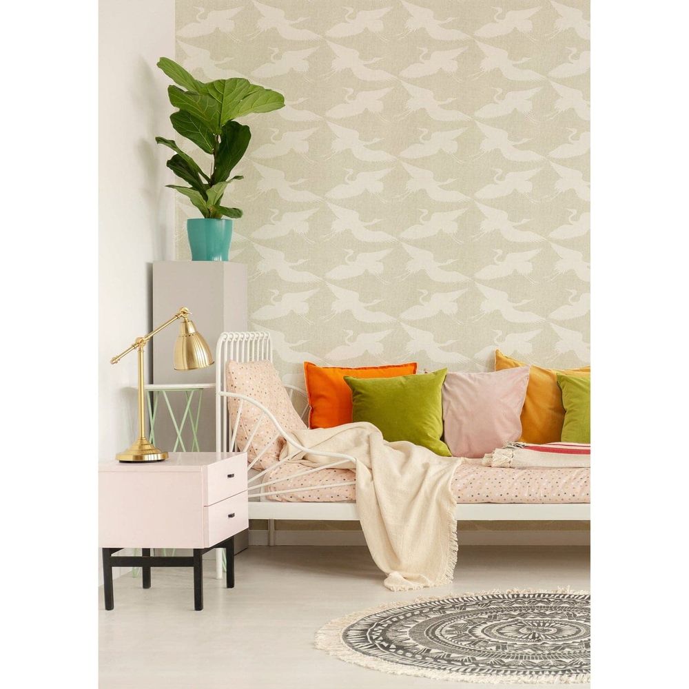 Paper Cranes Wallpaper, shown in beige and taupe with paper and textured wallcovering.