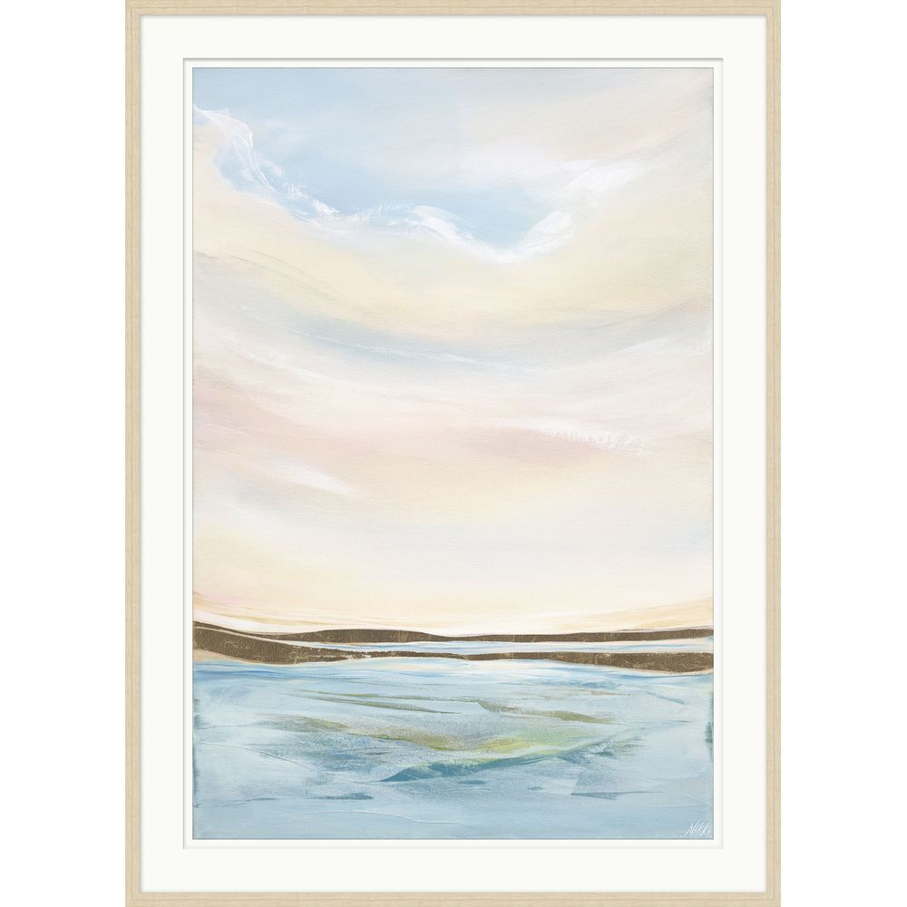 Collaged Ocean, shown in soft blue and cream with wood frame, paper or canvas print, and framed with wide white mat.