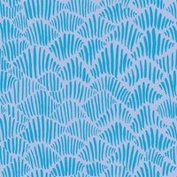 Seashells Wallpaper, shown in turquoise and aqua with paper and printed wallcovering.