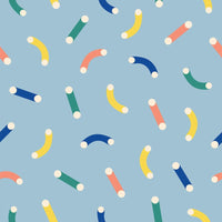 Macaroni Wallpaper, shown in light blue and soft pink with paper and all-over repeating pattern for full-wall coverage.