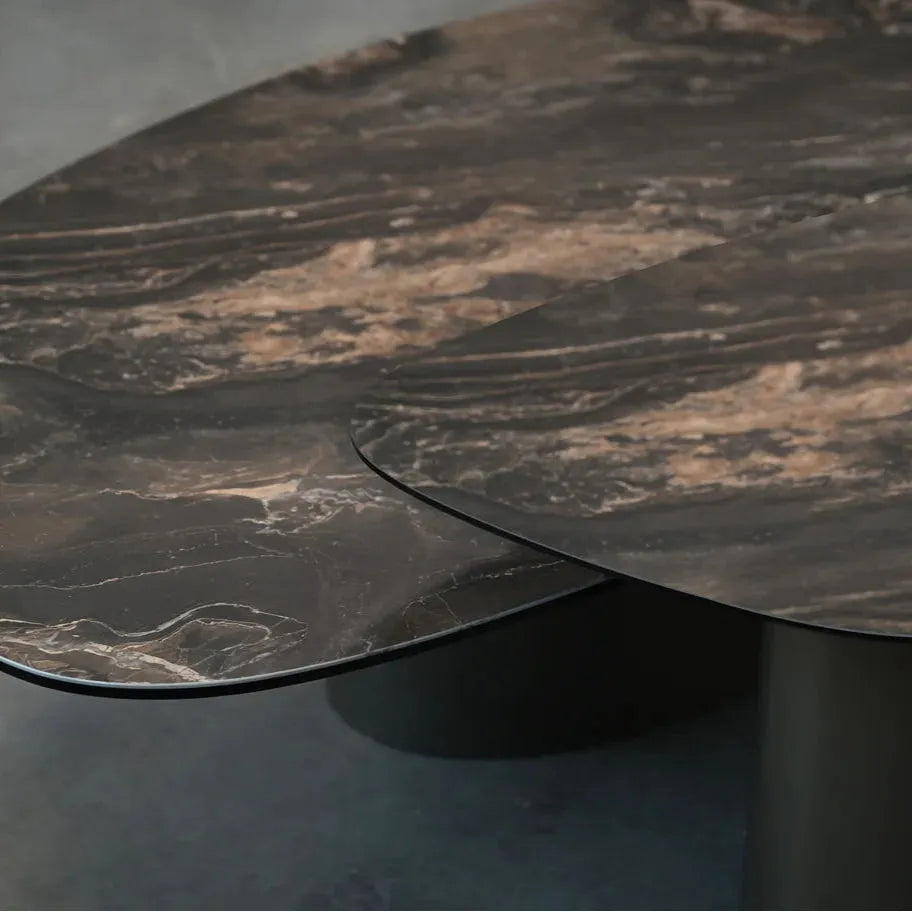 Alternate view of Argon End Table, featuring polished stone-look finish, ceramic, metal, and a pedestal cylindrical base.
