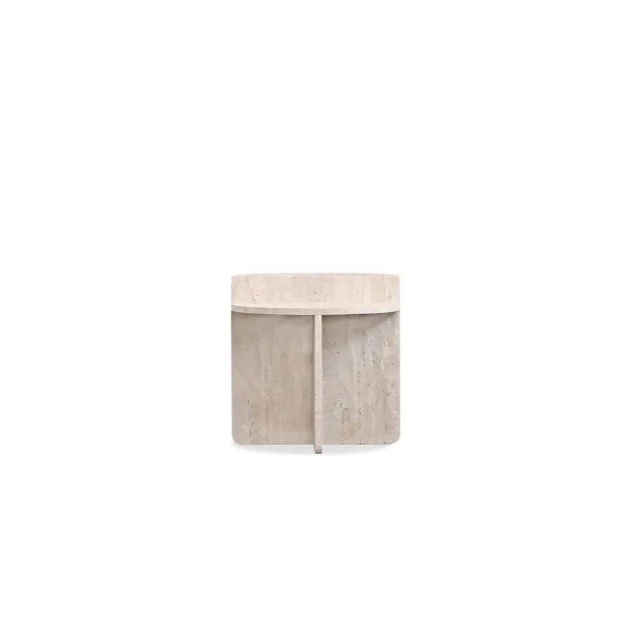 Elio End Table, shown in beige and ivory with travertine, natural stone, and solid freestanding stone construction.