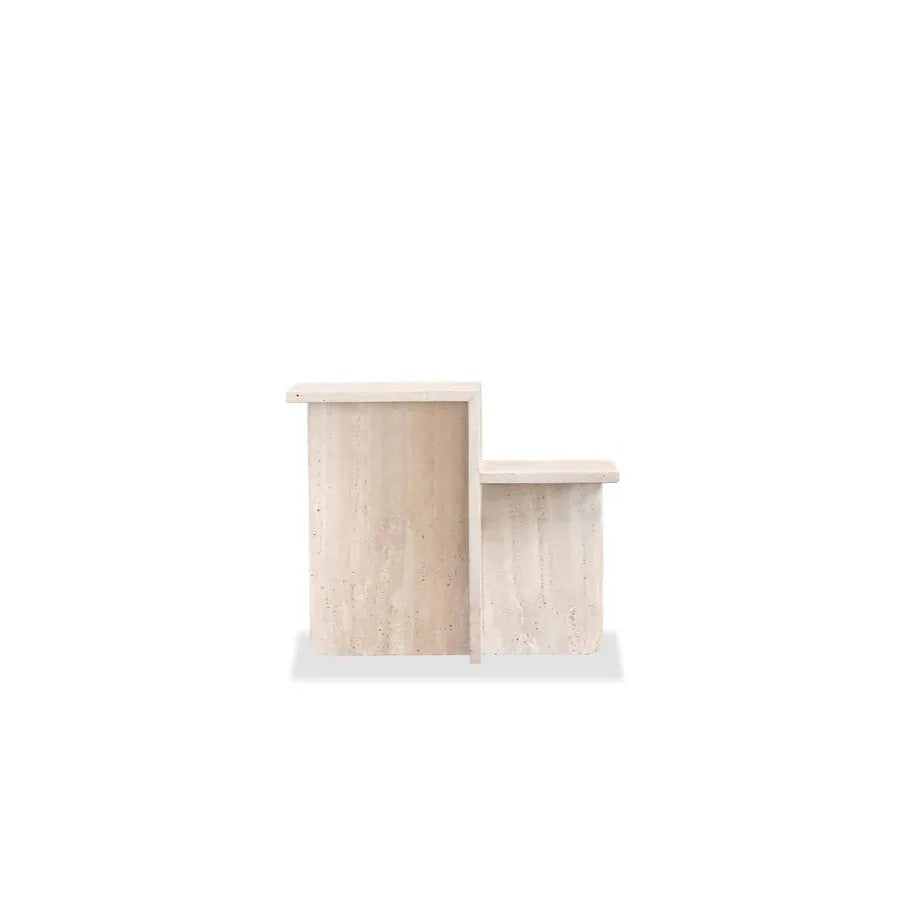 Elli End Table, shown in cream and beige with travertine, natural stone, and dual-height horizontal surfaces.