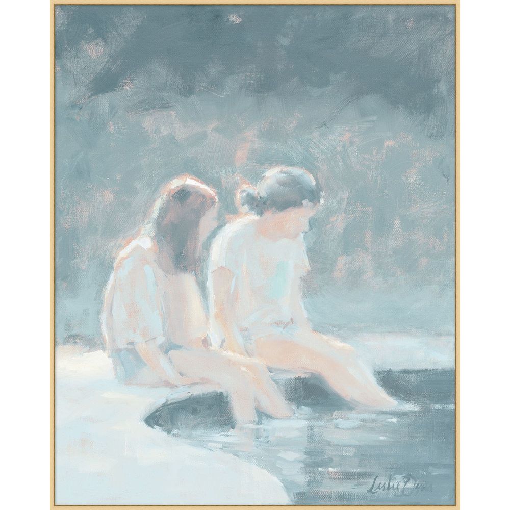 Poolside Talk, shown in soft blue and white with canvas, wood frame, and framed wall art.
