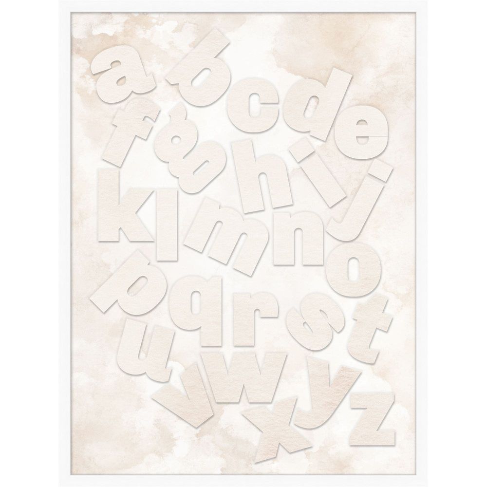 Alphabet Shadowbox 1, shown in cream and off-white with paper, wood composite, and shadowbox depth.