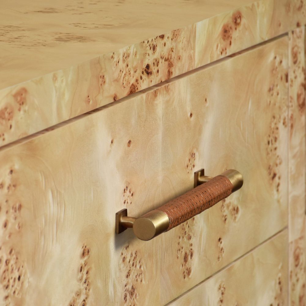Additional view of Winchester in warm tan and antique brass gold, featuring horizontal bar pull.