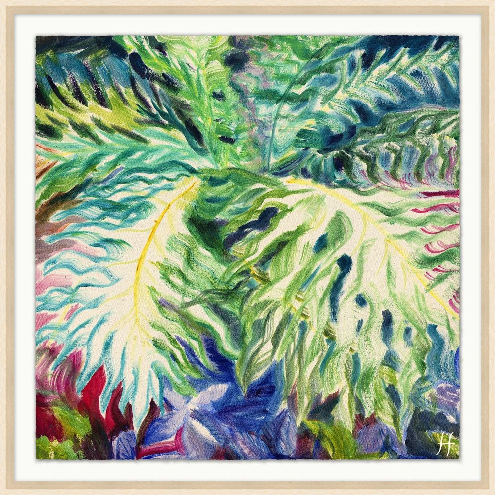 Monstera 2, shown in green and lime with canvas, wood, and framed wall-hanging format.