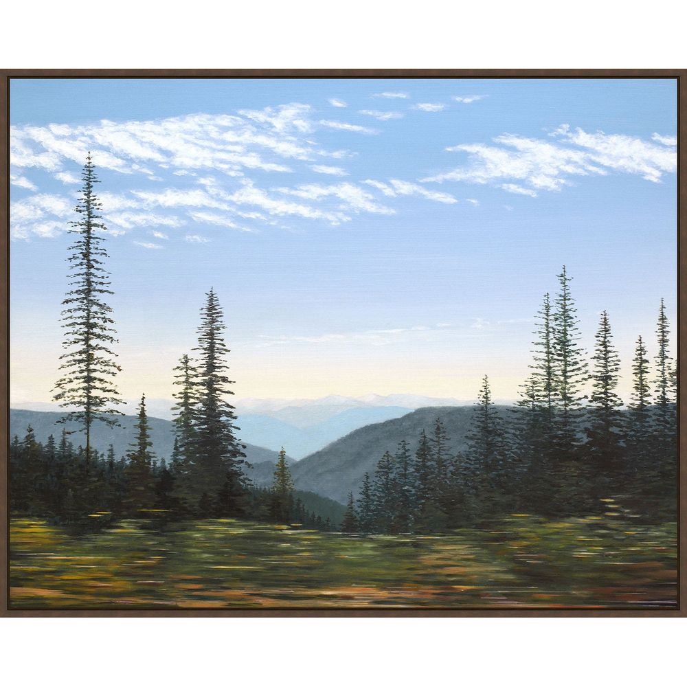 Through the Pines, shown in sky blue and forest green with canvas, wood frame, and wall-hanging framed artwork.