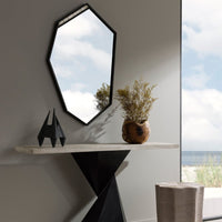 Alternate view of Breeze Mirror, featuring natural wood accent, metal, glass, and wall-mounted mirror.