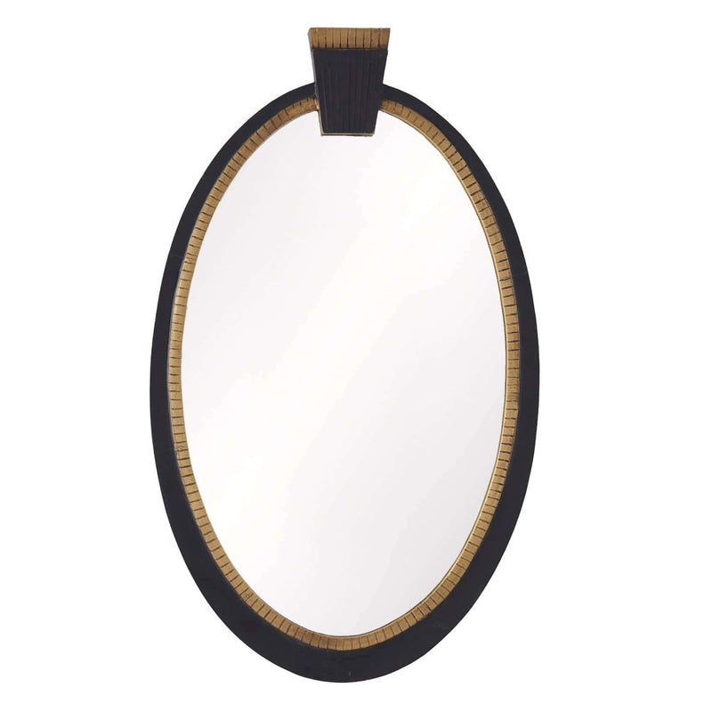 Alina Mirror, shown in black and gold with wood, metal, and wall-mounting hardware implied by hanging crest.