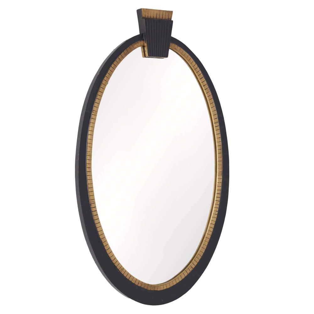 Additional view of Alina Mirror, showing vertical oval with a stepped rectangular crest at the top in black and gold.