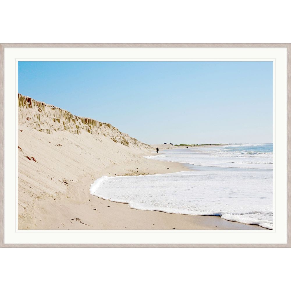 By The Water's Edge 2, shown in sand beige and sky blue with wood, paper, and framed with wide mat.