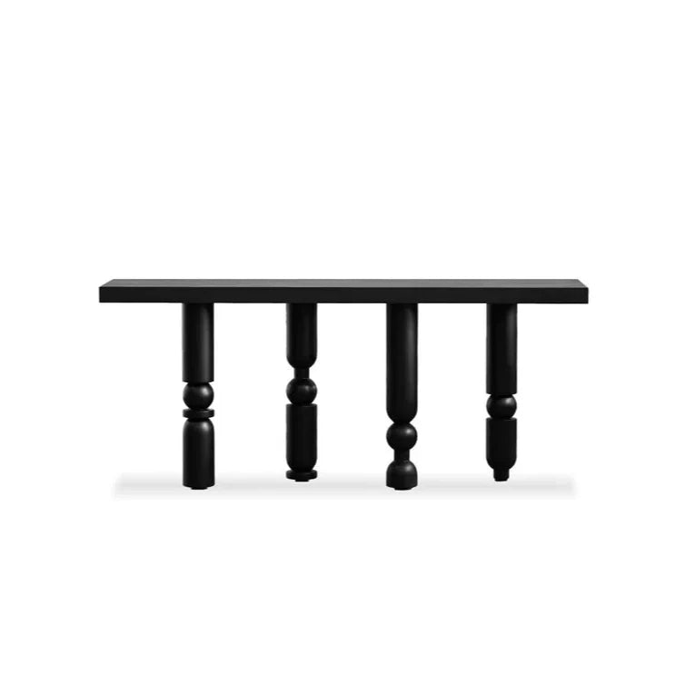 Roto Console Table, shown in black with wood, oak, and long narrow console proportions.