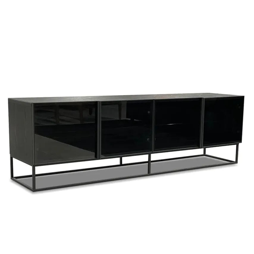 Alternate view of Barker Media Unit, featuring glossy lacquer, wood, glass, and four-door media cabinet.