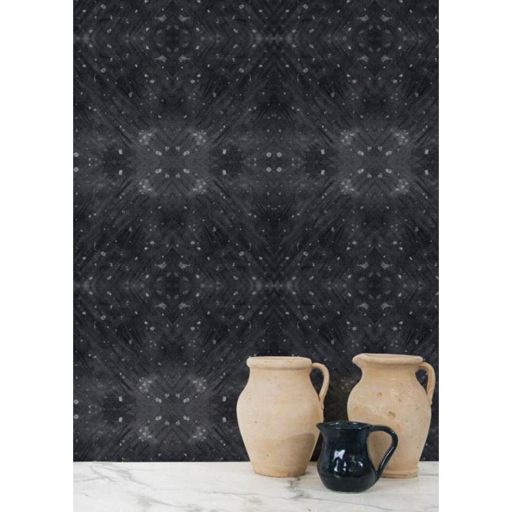 Celestial Diamond Wallpaper, shown in charcoal black and blush pink with wallpaper and paper.