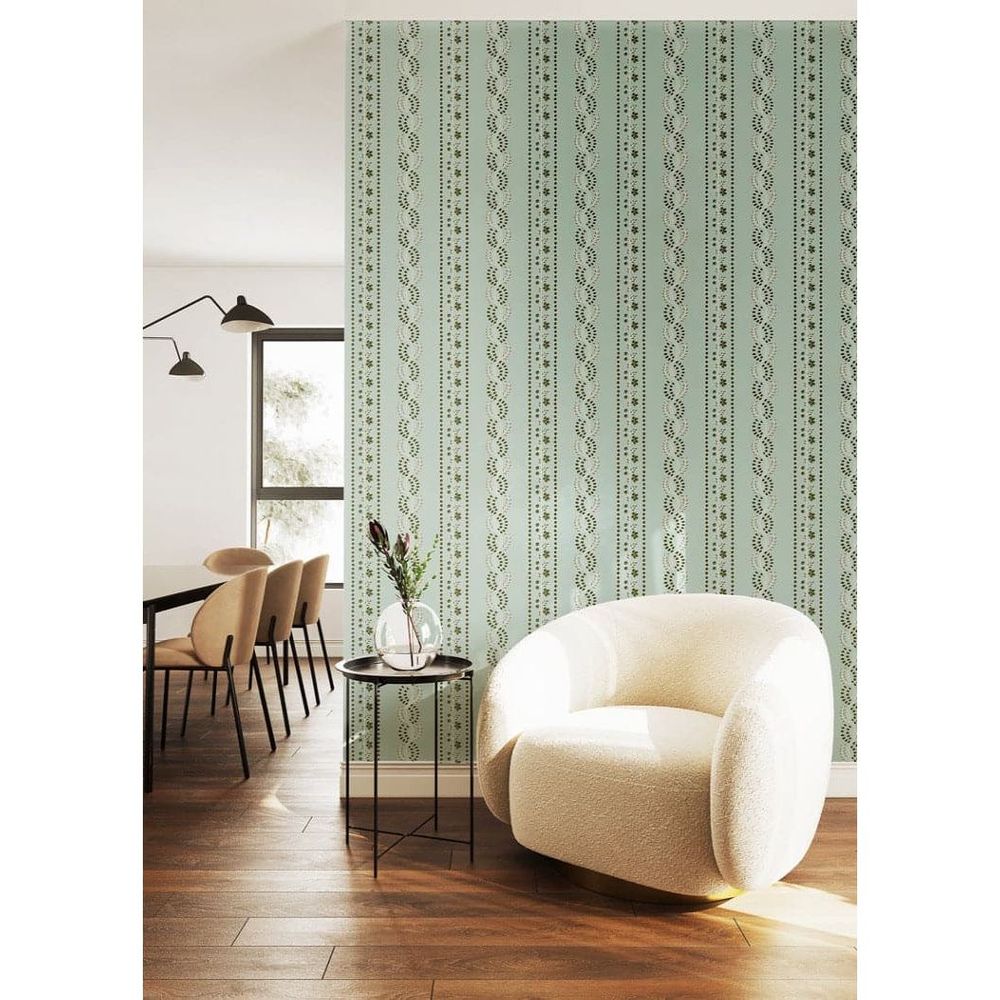 Additional view of Botanic Stripe Wallpaper in olive green and terracotta, featuring matte finish and repeating pattern.