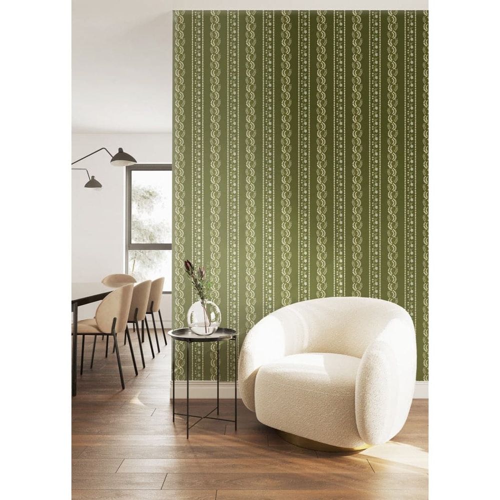 Botanic Stripe Wallpaper, shown in olive green and terracotta with paper, linen-textured substrate, and repeating pattern.