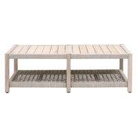 Wrap Outdoor Coffee Table, shown in light natural wood and beige with wood, woven rope, and a slatted wood top surface.