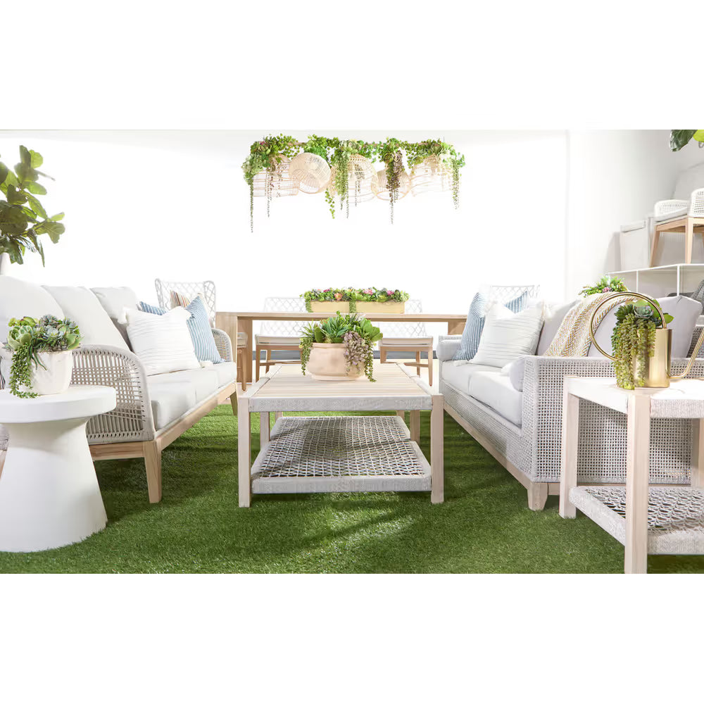 Alternate view of Wrap Outdoor Coffee Table, featuring matte finish, wood, woven rope, and a slatted wood top surface.
