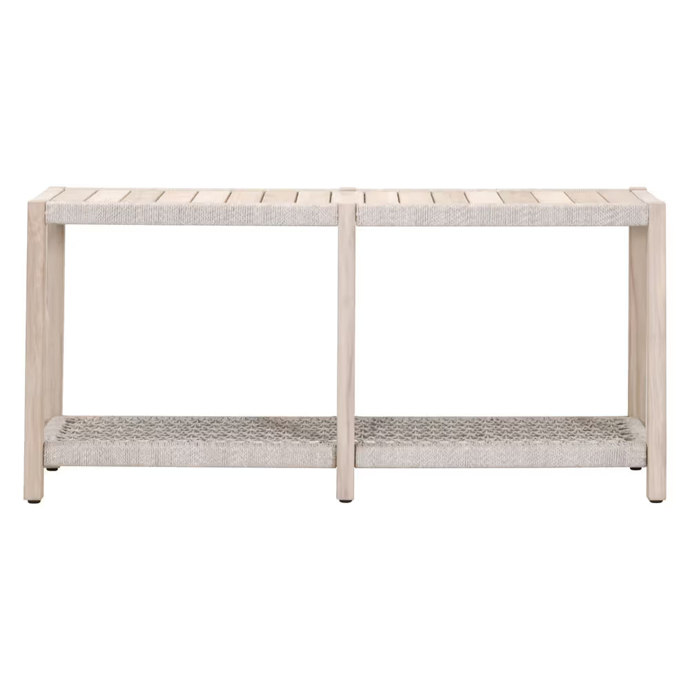 Wrap Outdoor Console Table, shown in light blonde and warm beige with solid wood and woven rope.