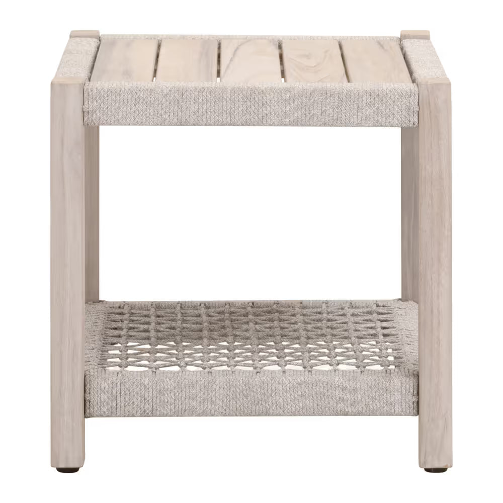 Wrap Outdoor End Table, shown in light blonde wood and greige with solid wood and woven rope cord.