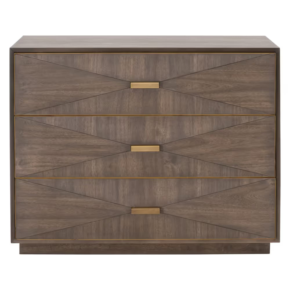 Wynn 3-Drawer Nightstand, shown in medium brown and warm gray-brown with wood, metal, and three drawers.