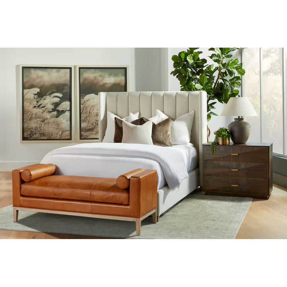 Additional view of Wynn 3-Drawer Nightstand, featuring brushed brass finish, wood, metal, and three drawers.