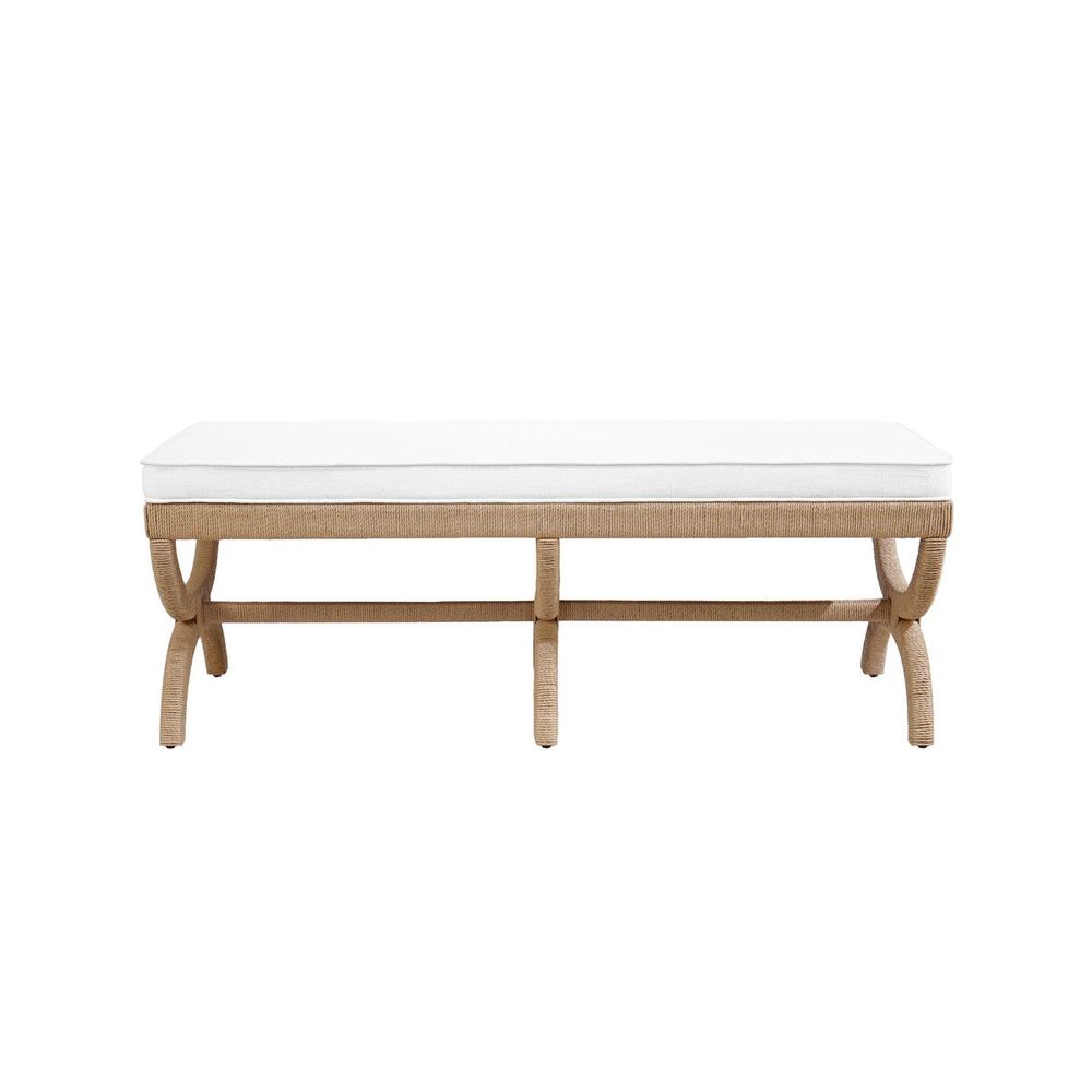 Xanadu Rope Wrapped Bench, shown in natural tan and white with rope, fabric, and fixed x-base leg structure.