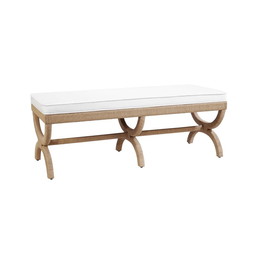 Additional view of Xanadu Rope Wrapped Bench, featuring upholstered cushion, rope, fabric, and fixed x-base leg structure.