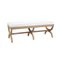 Additional view of Xanadu Rope Wrapped Bench, featuring upholstered cushion, rope, fabric, and fixed x-base leg structure.