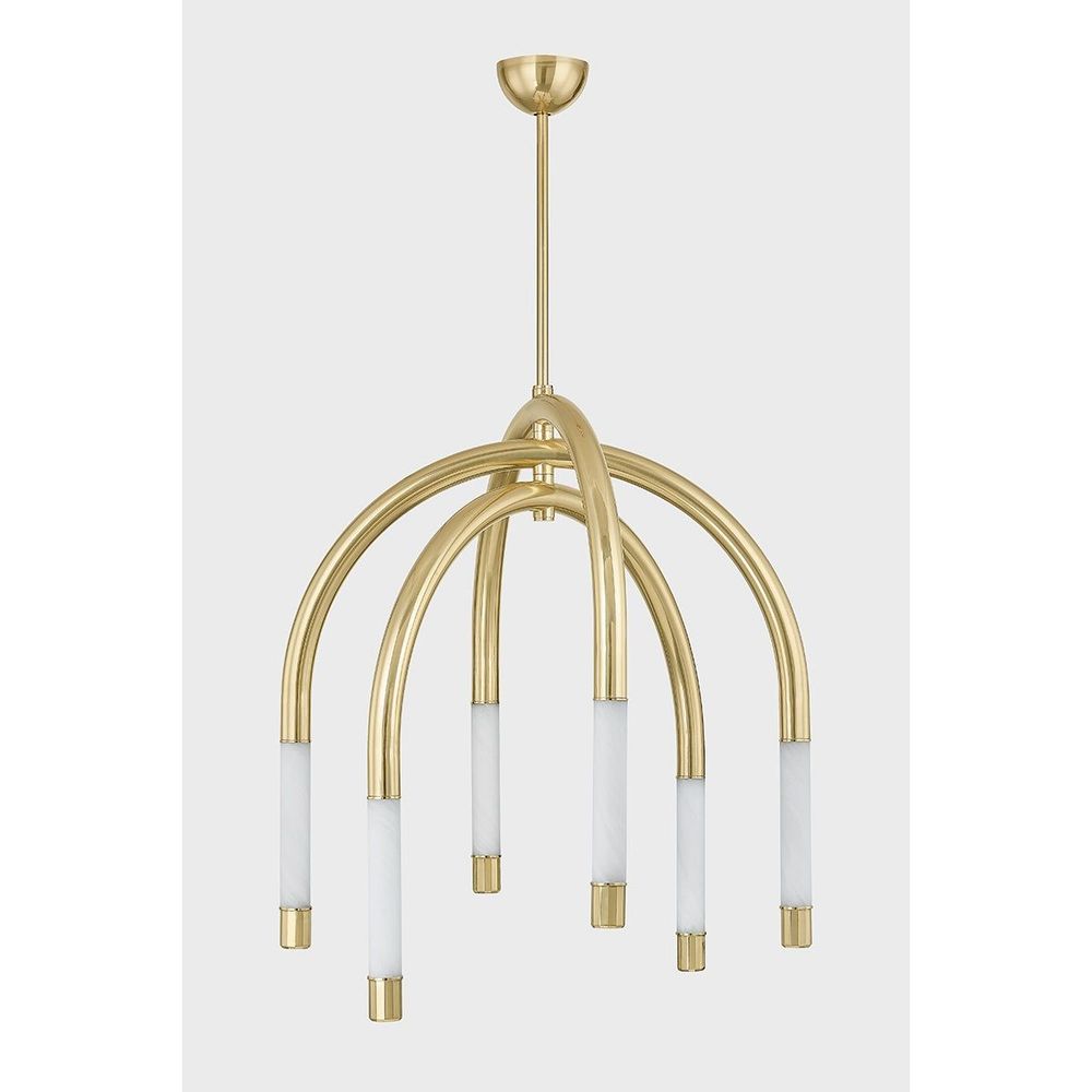 Alternate view of Zeme Chandelier, featuring brass metal, frosted glass, and a ceiling canopy mount.