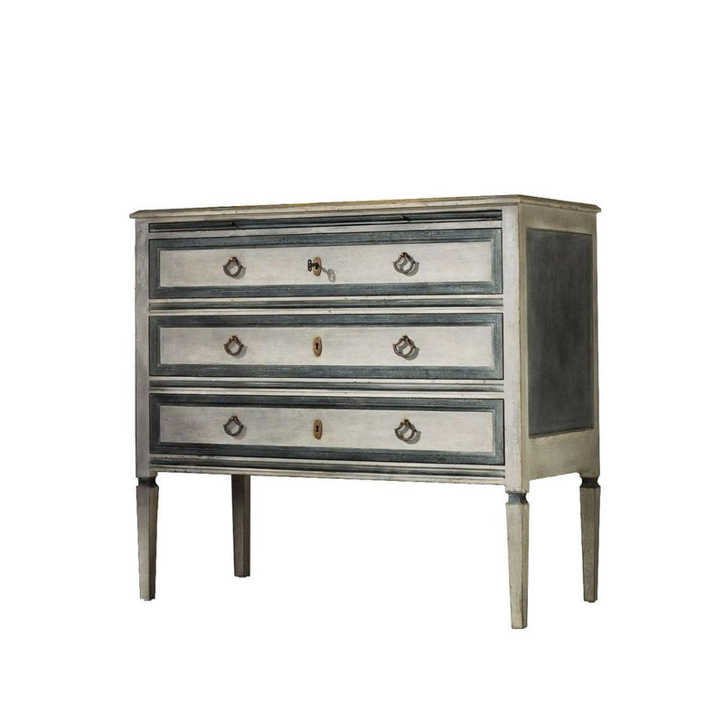 Danish 3 Drawer Commode by Modern History, shown in antique white and soft gray with wood and brass.