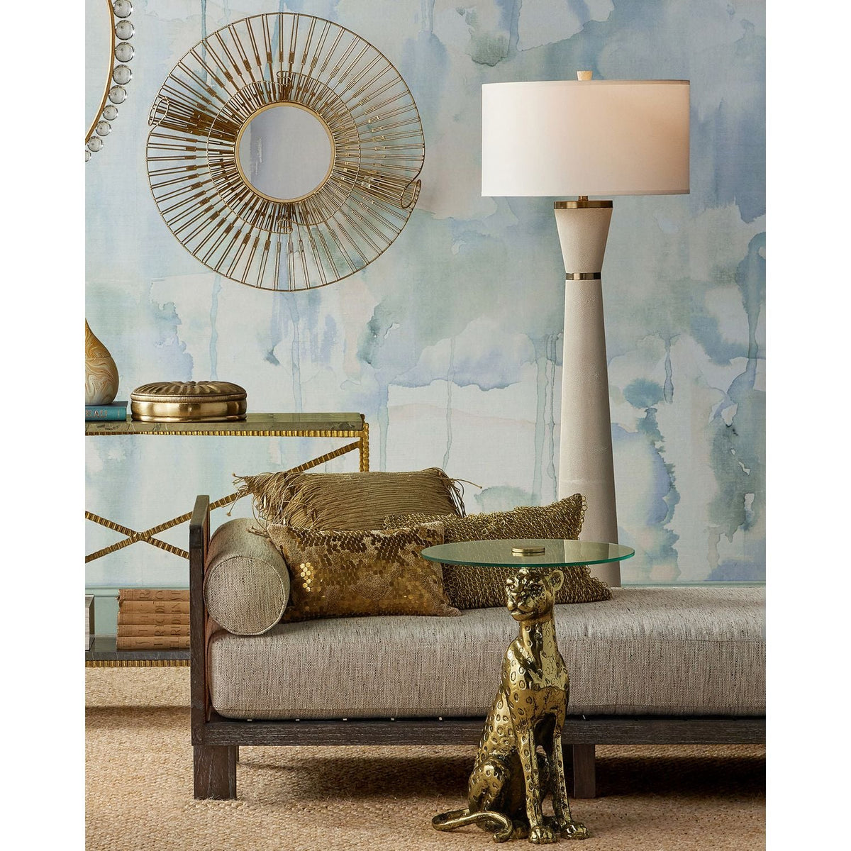 Alternate view of Bacall Accent Table, featuring spotted patina, cast metal, glass, and a sculptural animal base.