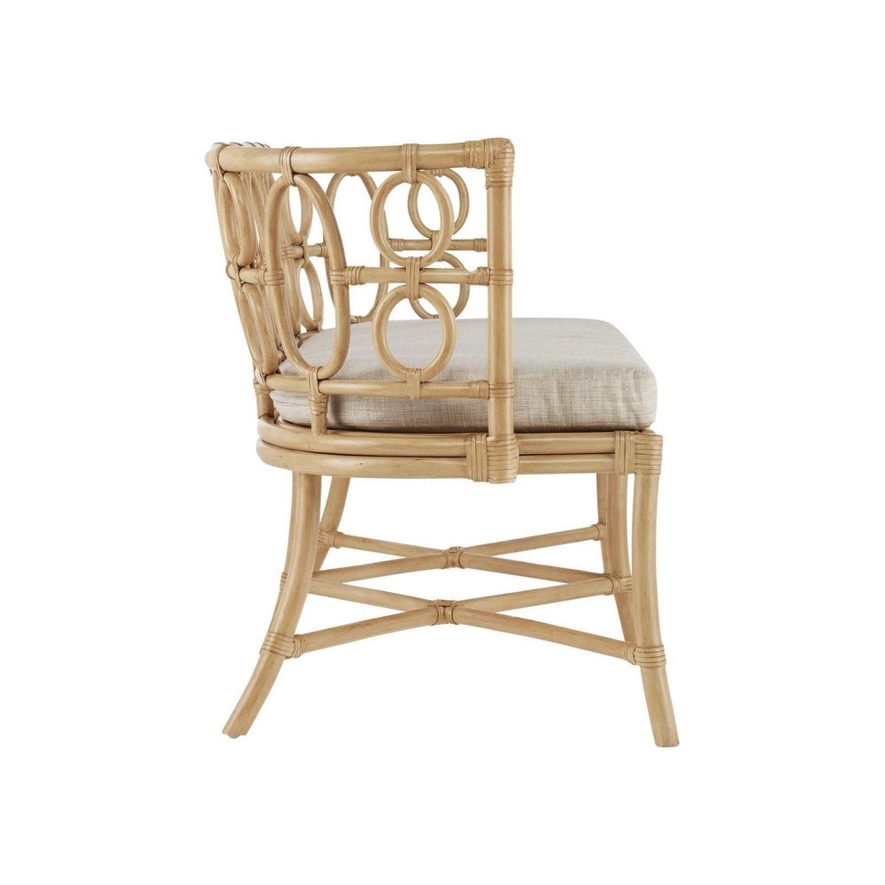 Additional view of Tegal Natural Bench, Finn Natural, featuring sea sand finish, rattan, fabric, and fixed curved arms.