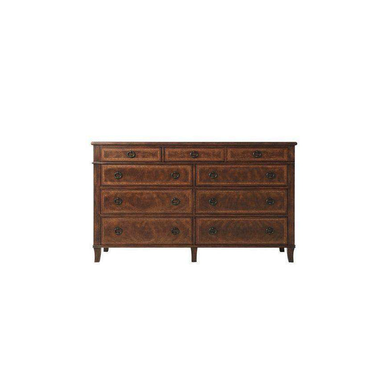 Brooksby Dresser, shown in medium brown and warm amber-brown with wood veneer, hardwood, and nine-drawer storage.
