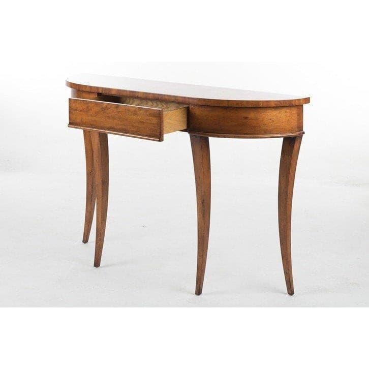 Sanctuary Console, shown in warm medium brown and golden amber with wood, hardwood, and three integrated drawers for storage.