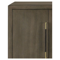 Alternate view of Verona Chanterelle Sideboard, featuring leather-wrapped finish, wood, brass, and four hinged cabinet doors.