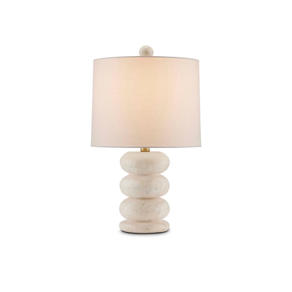 Girault White Table Lamp, shown in beige and off-white with travertine, linen fabric, and a table lamp base.