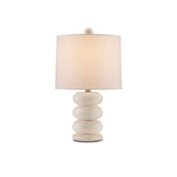 Girault White Table Lamp, shown in beige and off-white with travertine, linen fabric, and a table lamp base.