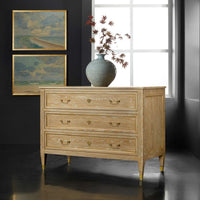 French Three Drawer Commode-Oak, shown in light oak and blonde wood with oak, brass, and three full-width drawers.