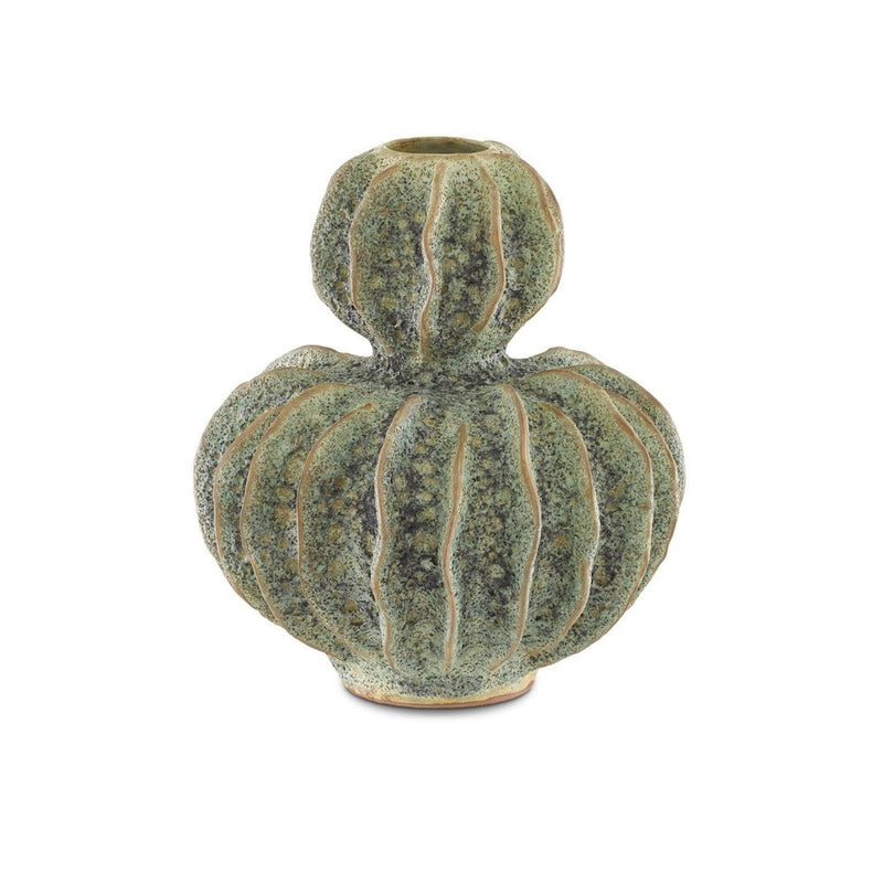 Sunken Boat Double Gourd Green Vase, shown in sage green and mottled seafoam with ceramic and pottery clay.
