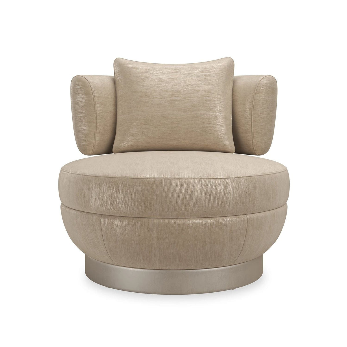 Celeste Lounge Chair, shown in beige and taupe with fabric, metal, and a swivel base.